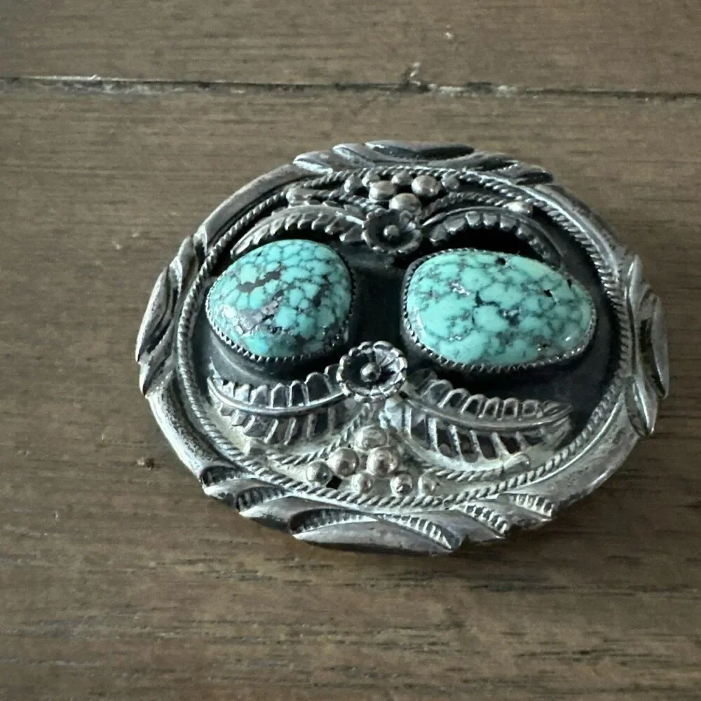 VTG Navajo Sterling Silver Bolo Slide 53g Morenci Blue Turquoise Double Stone